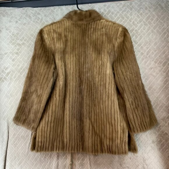 Womens L Mink Fur Coat Brown With Tassel Belt Ribbed Corded Short Length - Picture 16 of 16